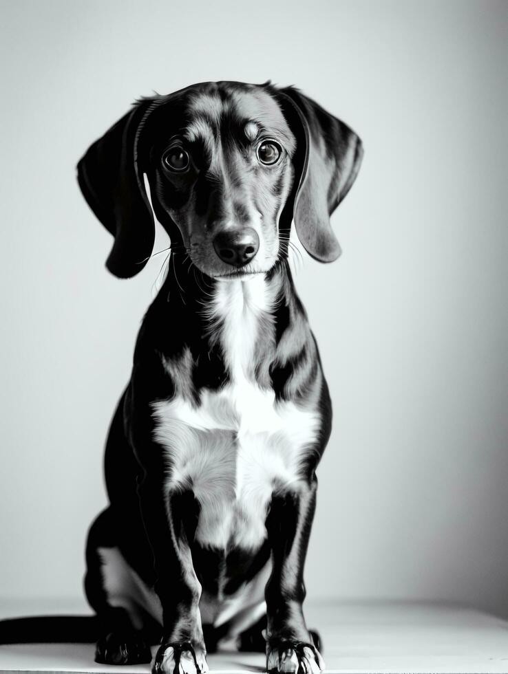 feliz dachshund cachorro Preto e branco monocromático foto dentro estúdio iluminação