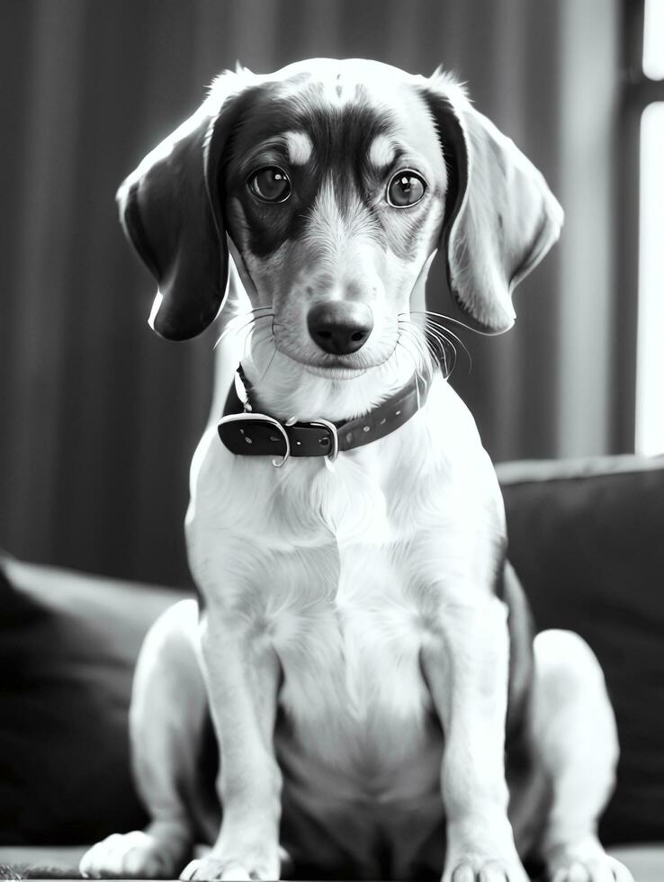 feliz dachshund cachorro Preto e branco monocromático foto dentro estúdio iluminação