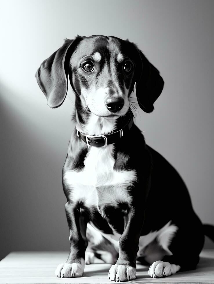 feliz dachshund cachorro Preto e branco monocromático foto dentro estúdio iluminação