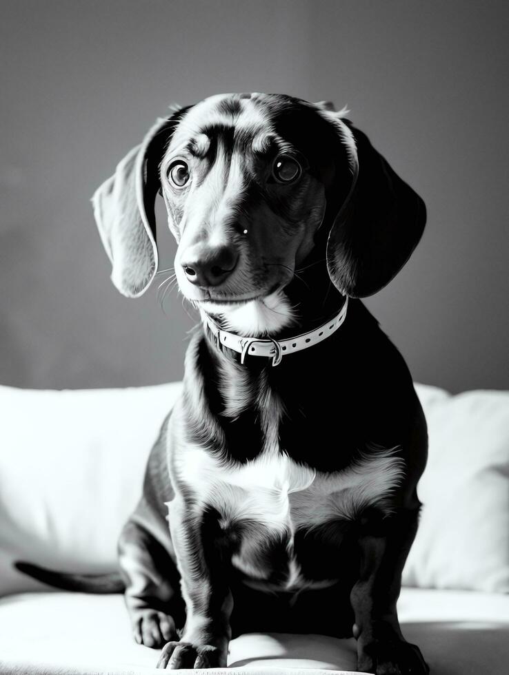 feliz dachshund cachorro Preto e branco monocromático foto dentro estúdio iluminação