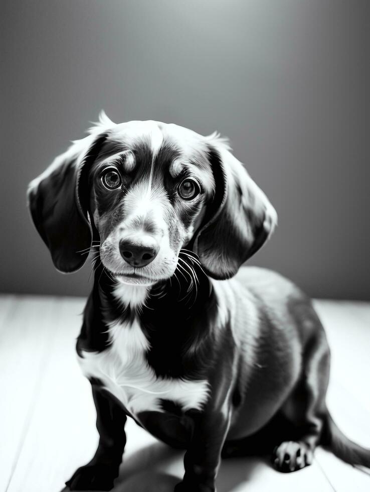 feliz dachshund cachorro Preto e branco monocromático foto dentro estúdio iluminação