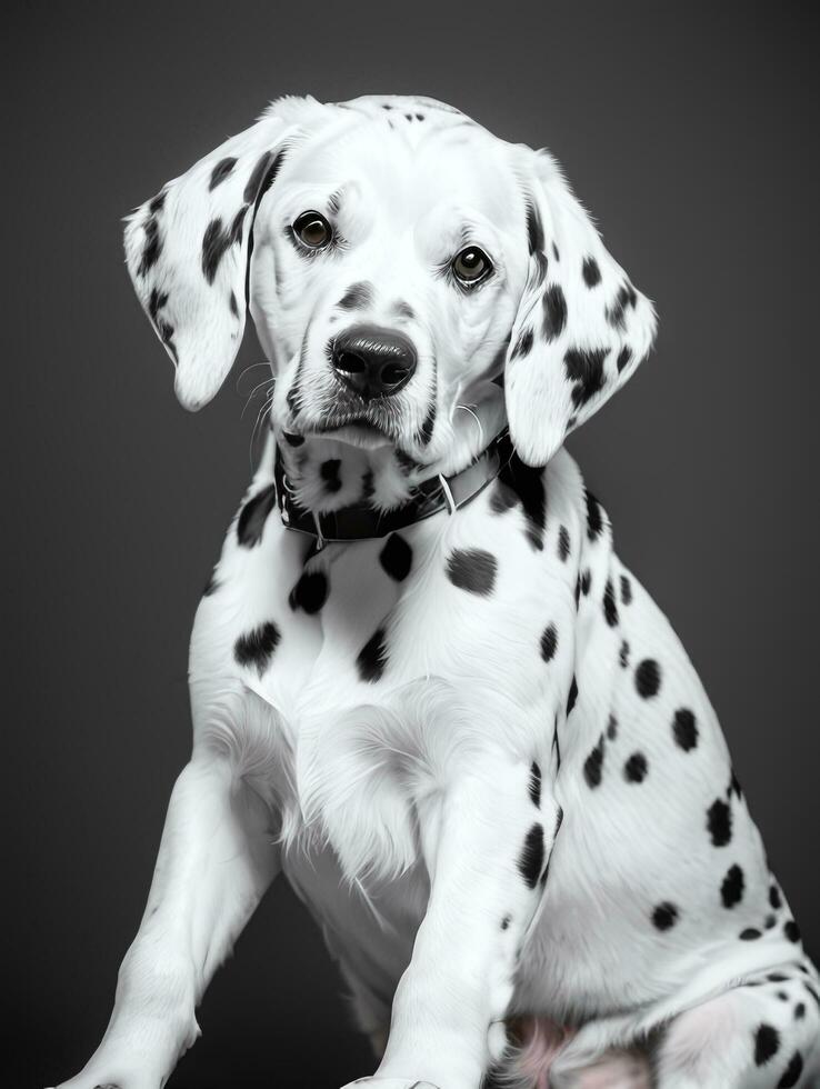 feliz dálmata cachorro Preto e branco monocromático foto dentro estúdio iluminação