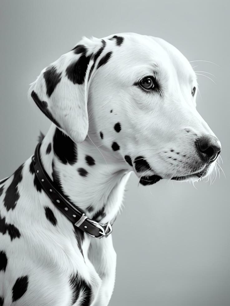 feliz dálmata cachorro Preto e branco monocromático foto dentro estúdio iluminação