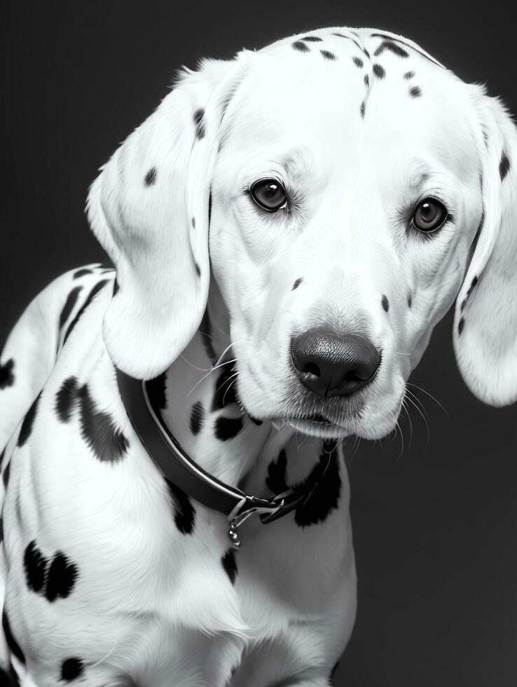 feliz dálmata cachorro Preto e branco monocromático foto dentro estúdio iluminação