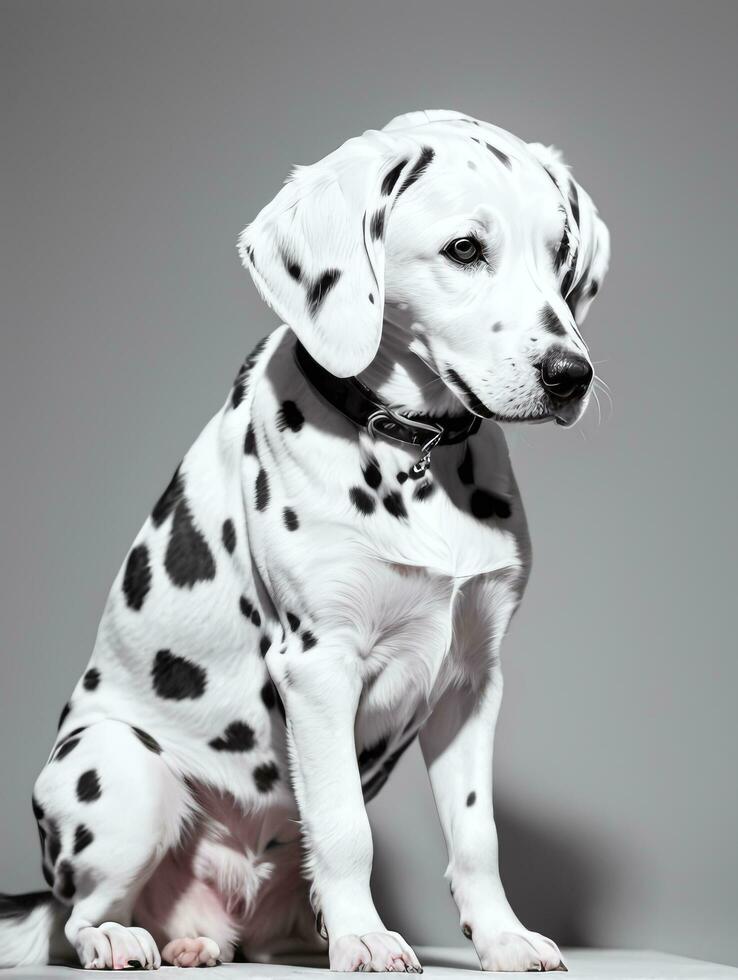 feliz dálmata cachorro Preto e branco monocromático foto dentro estúdio iluminação