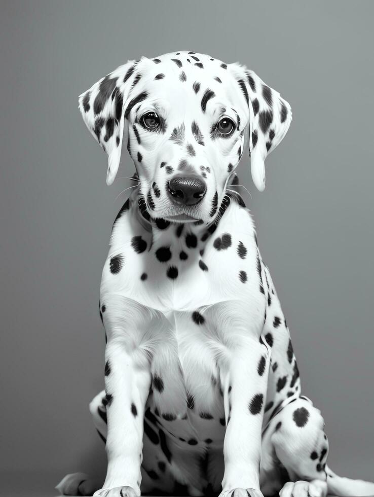 feliz dálmata cachorro Preto e branco monocromático foto dentro estúdio iluminação