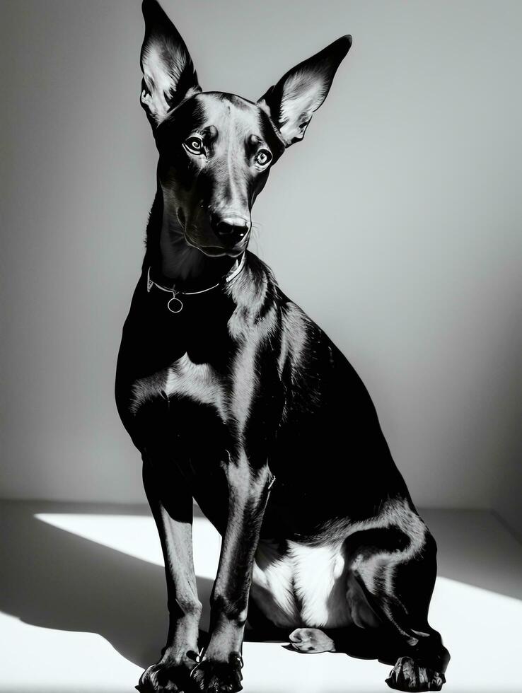 feliz doberman pinscher cachorro Preto e branco monocromático foto dentro estúdio iluminação