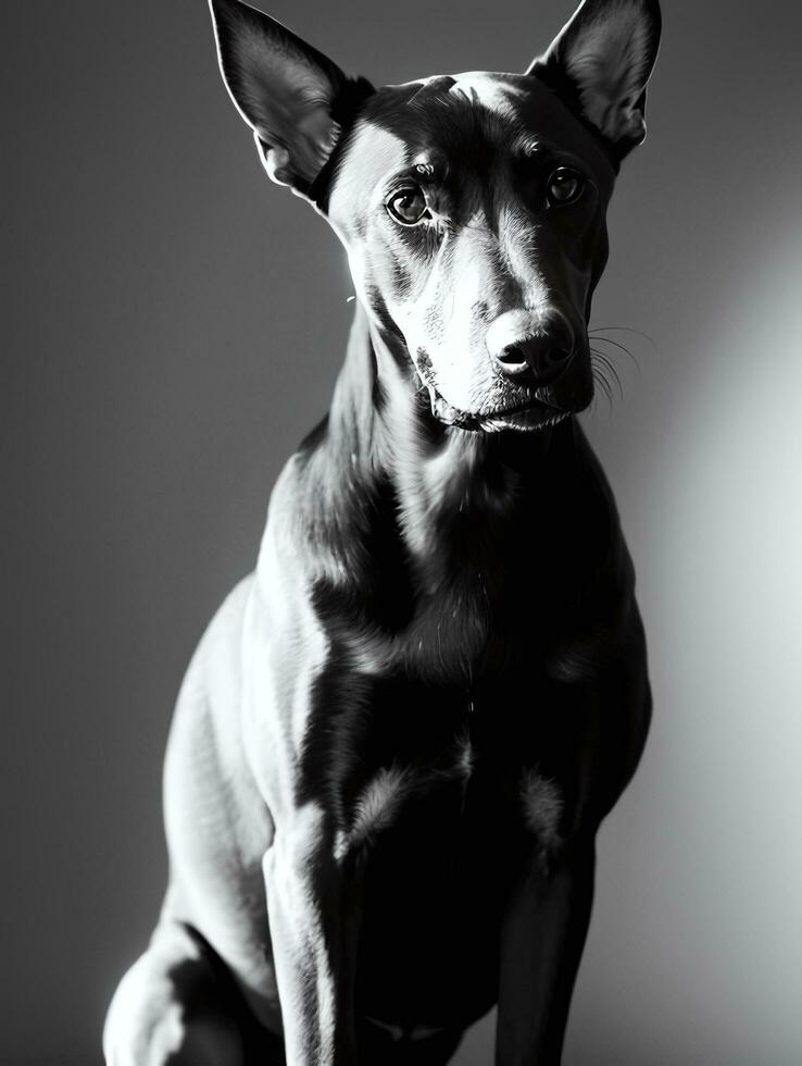 feliz doberman pinscher cachorro Preto e branco monocromático foto dentro estúdio iluminação