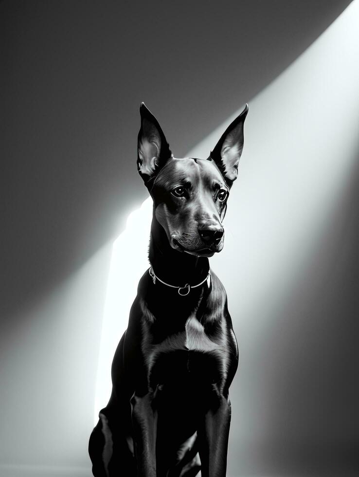feliz doberman pinscher cachorro Preto e branco monocromático foto dentro estúdio iluminação