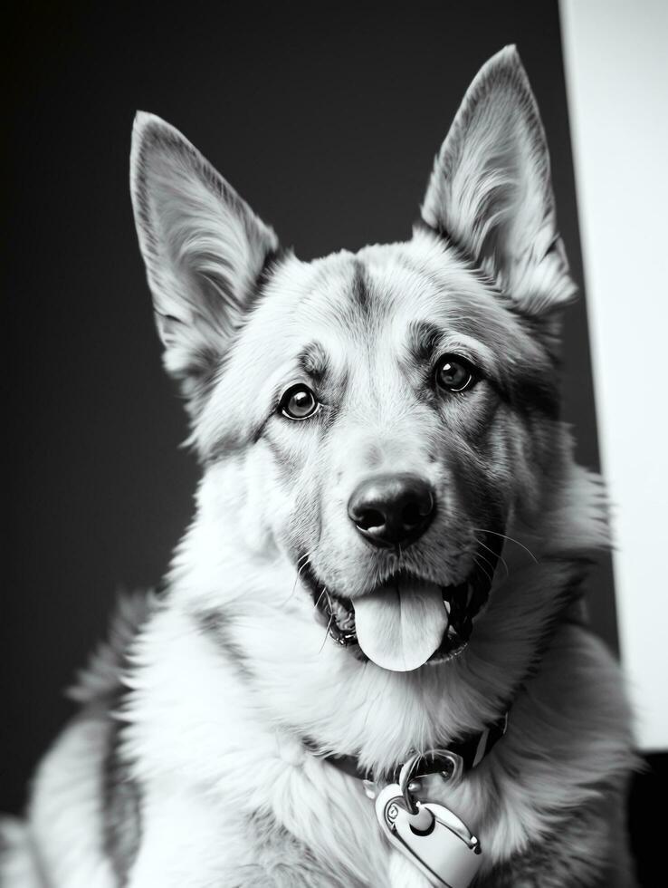 feliz alemão pastor cachorro Preto e branco monocromático foto dentro estúdio iluminação