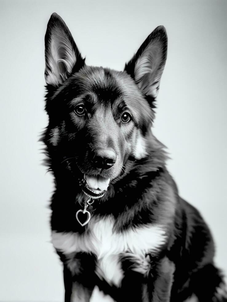 feliz alemão pastor cachorro Preto e branco monocromático foto dentro estúdio iluminação