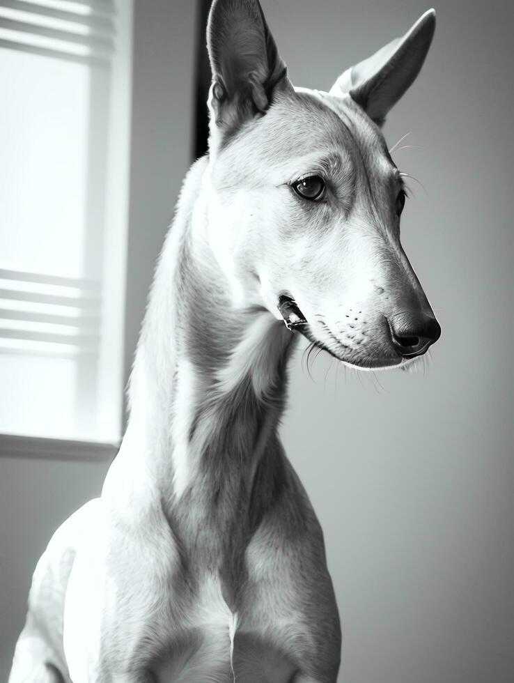 feliz galgo cachorro Preto e branco monocromático foto dentro estúdio iluminação