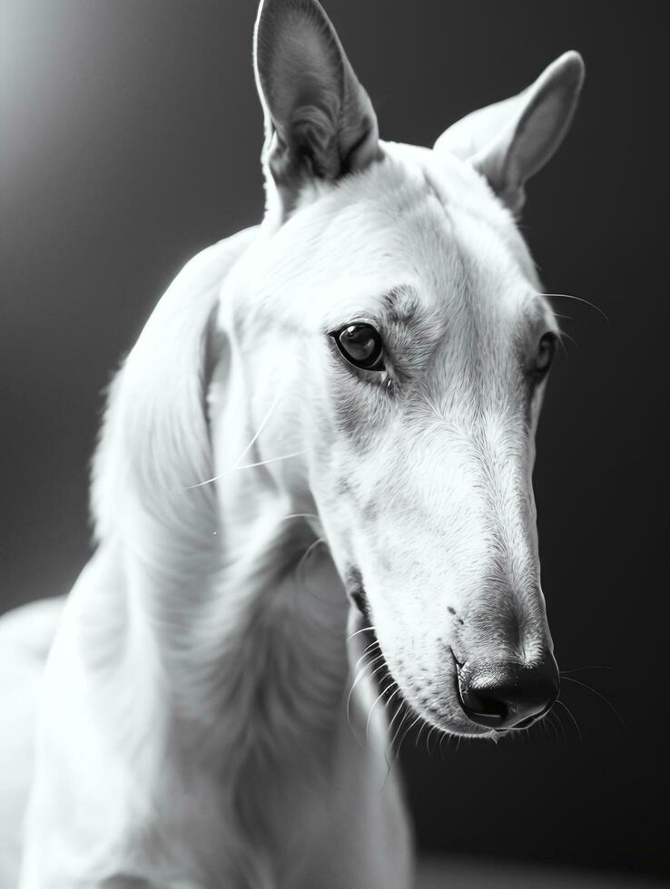 feliz galgo cachorro Preto e branco monocromático foto dentro estúdio iluminação