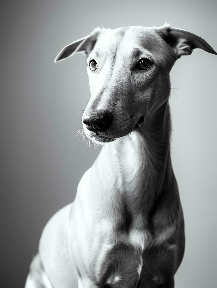 feliz galgo cachorro Preto e branco monocromático foto dentro estúdio iluminação