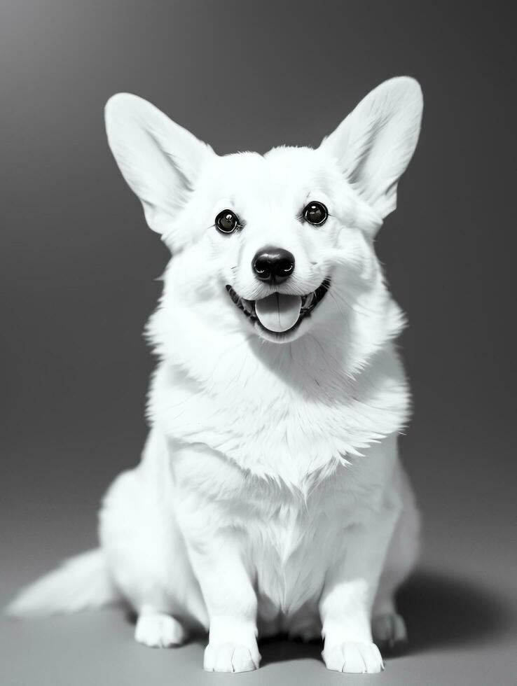 feliz Pembroke galês corgi cachorro Preto e branco monocromático foto dentro estúdio iluminação