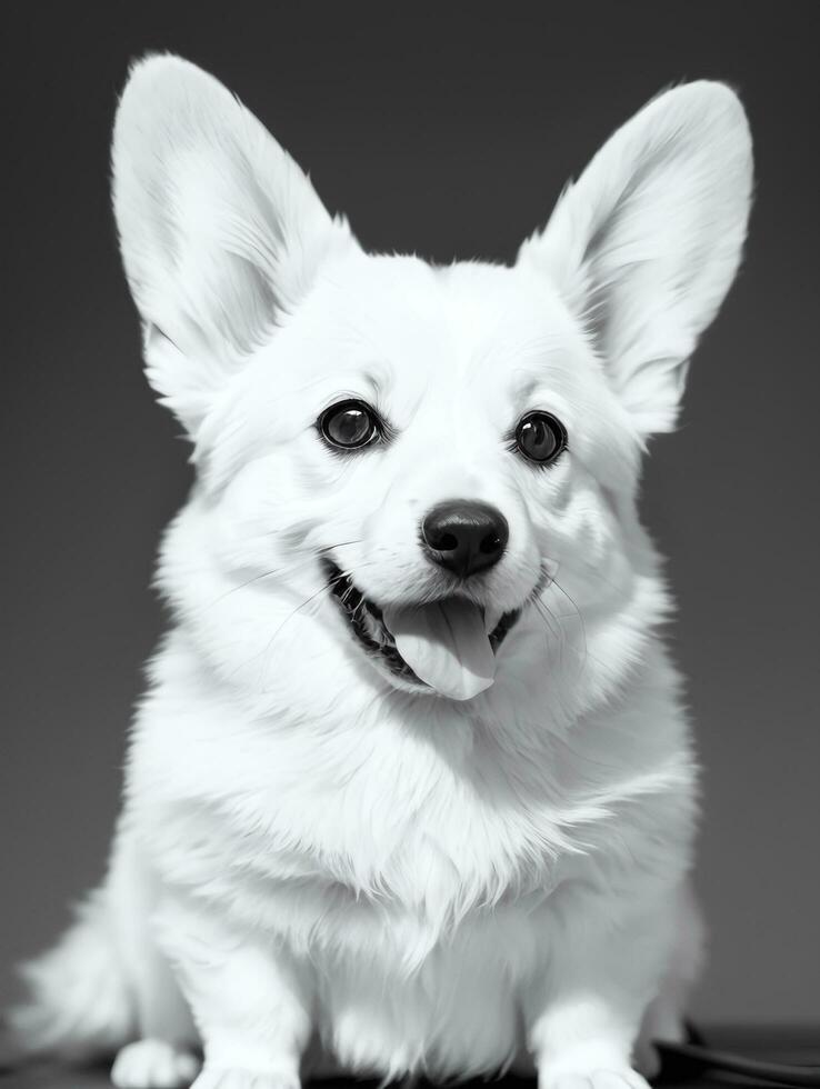 feliz Pembroke galês corgi cachorro Preto e branco monocromático foto dentro estúdio iluminação
