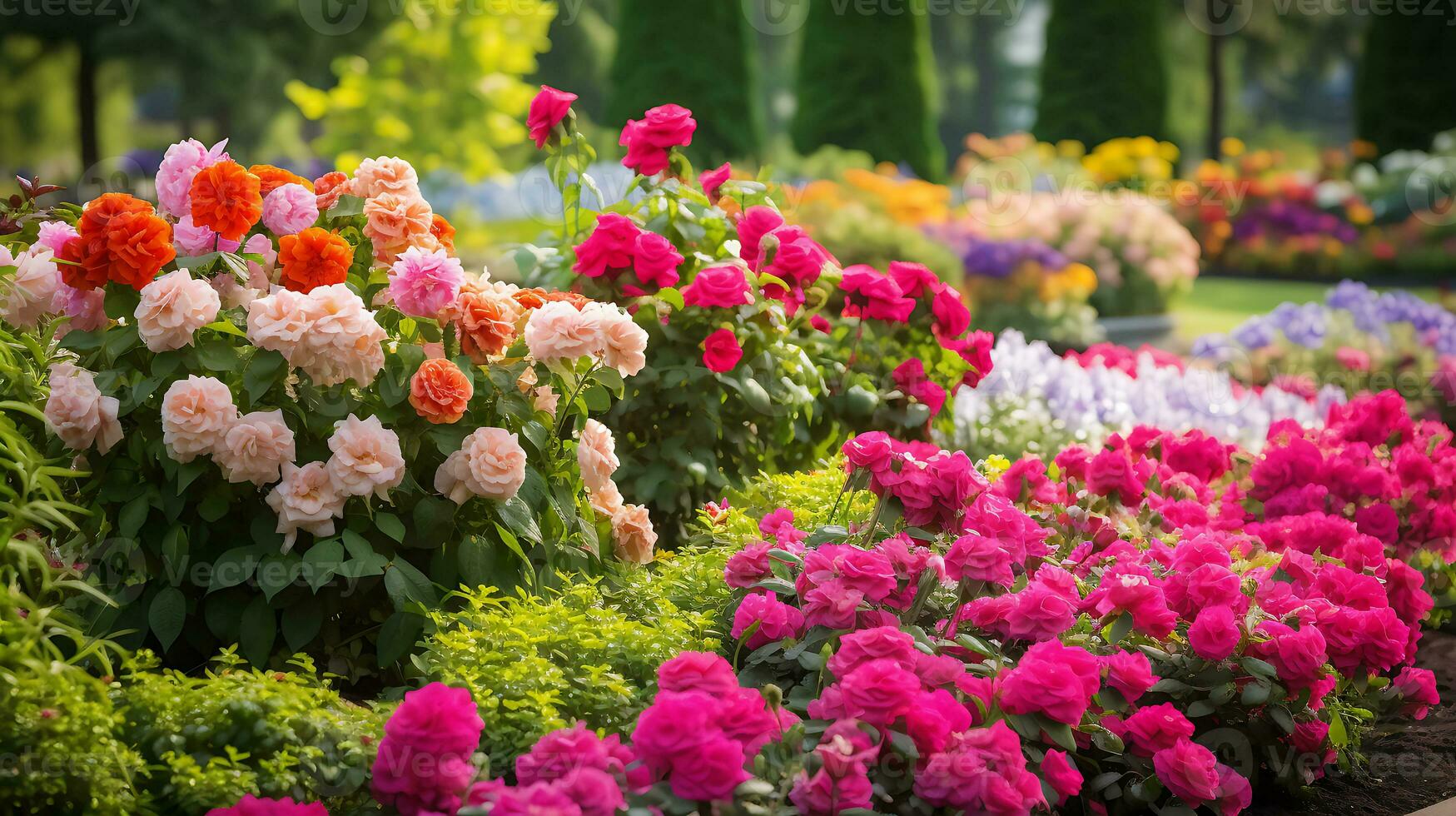 uma lindo flor jardim estourando com hortênsias dentro Bretanha gerado de ai foto