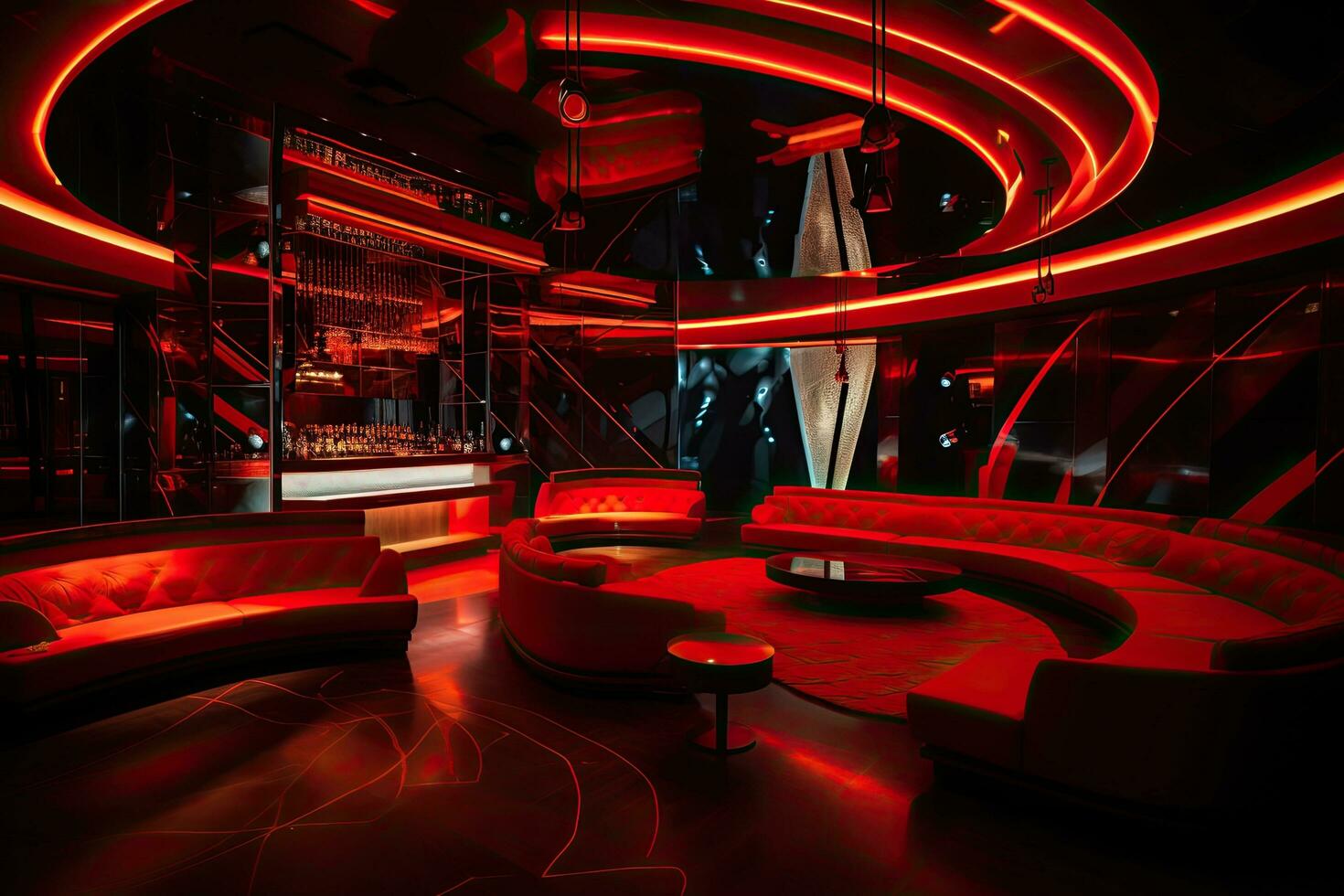 3d Renderização. futurista interior do uma Boate com vermelho iluminação, vermelho vip clube interior com lindo iluminação, ai gerado foto