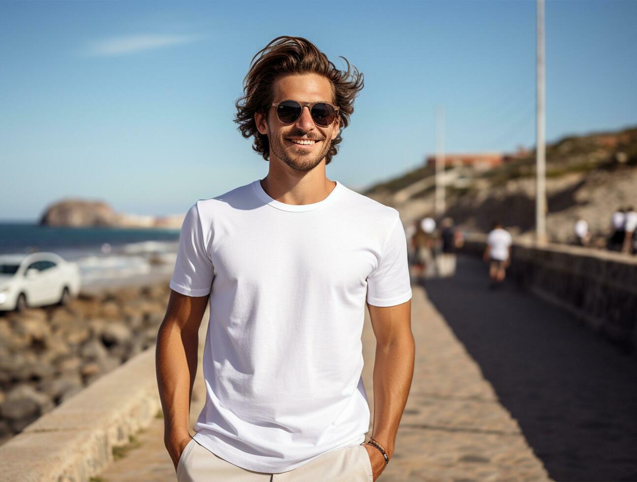 homens vestindo em branco camiseta ai gerado foto