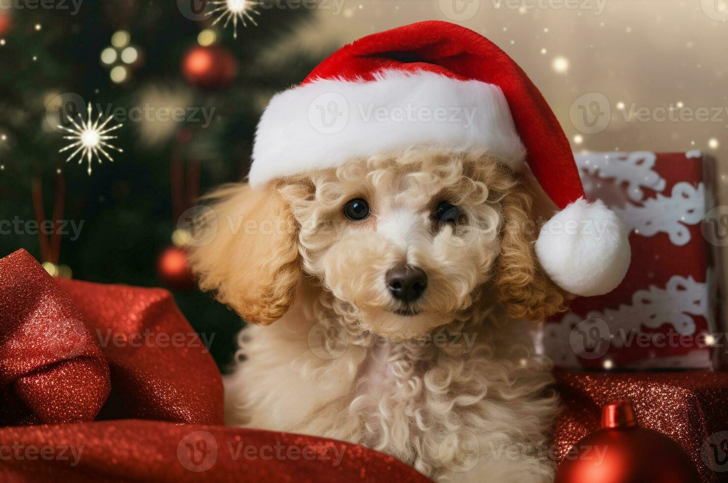 poodle dentro uma santa chapéu com presentes perto a Natal árvore. generativo ai foto