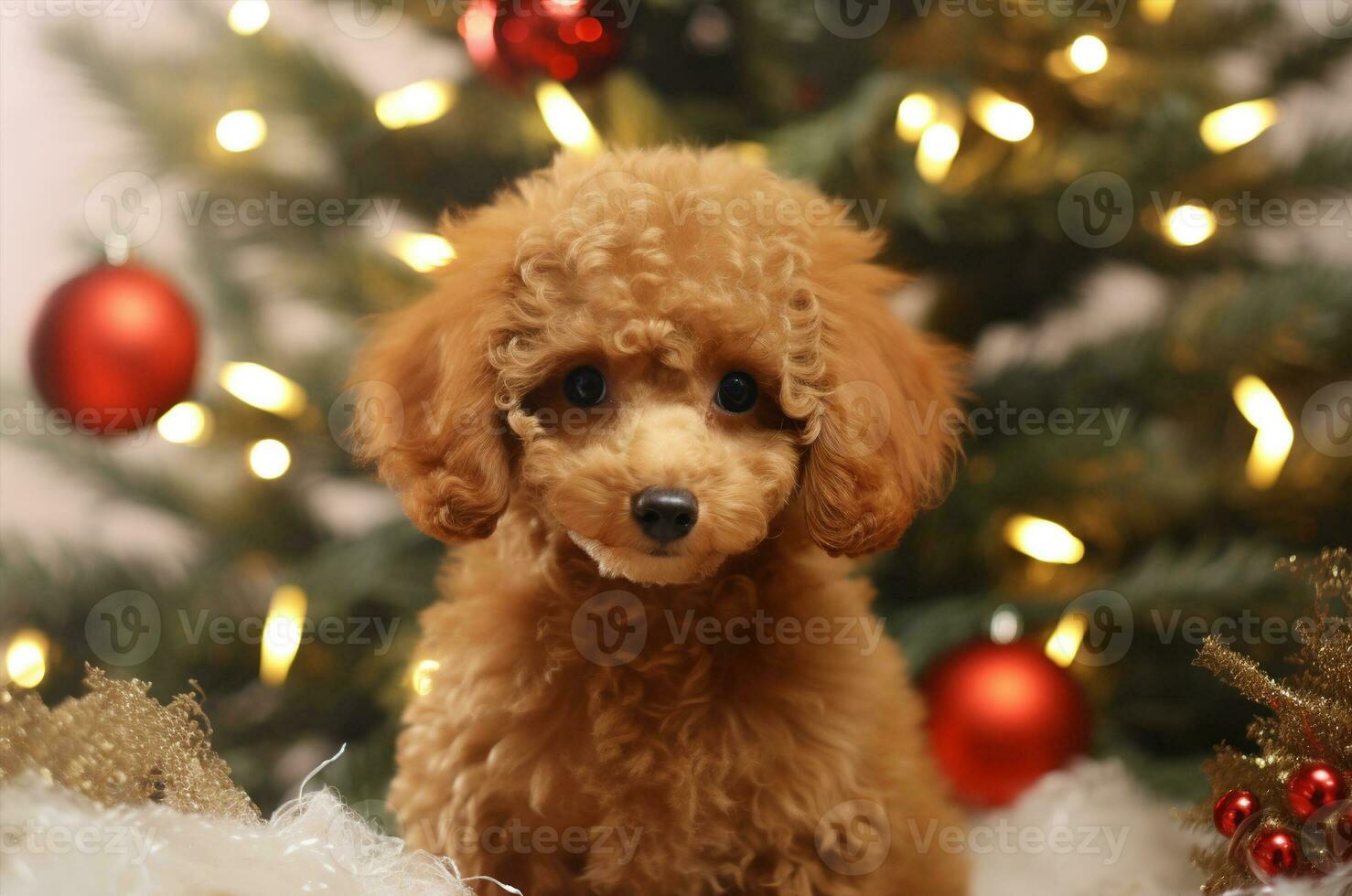 Natal poodle em a fundo do uma Natal árvore. generativo ai foto