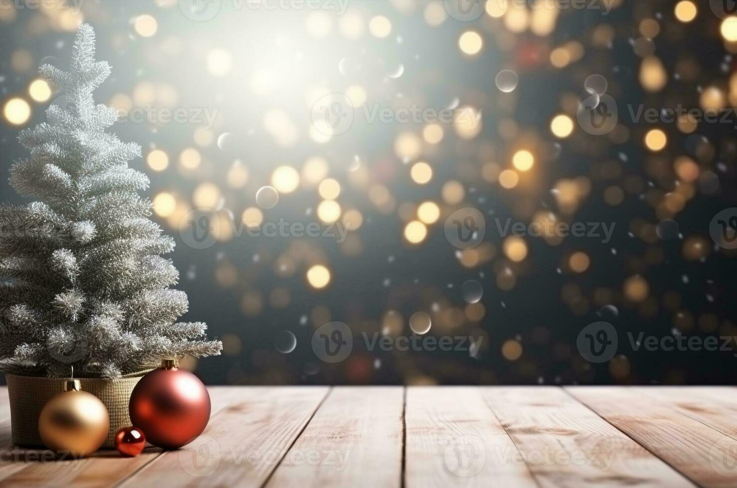 Natal fundo. de madeira mesa e Natal árvore com brinquedos, contra a fundo do guirlandas. generativo ai foto