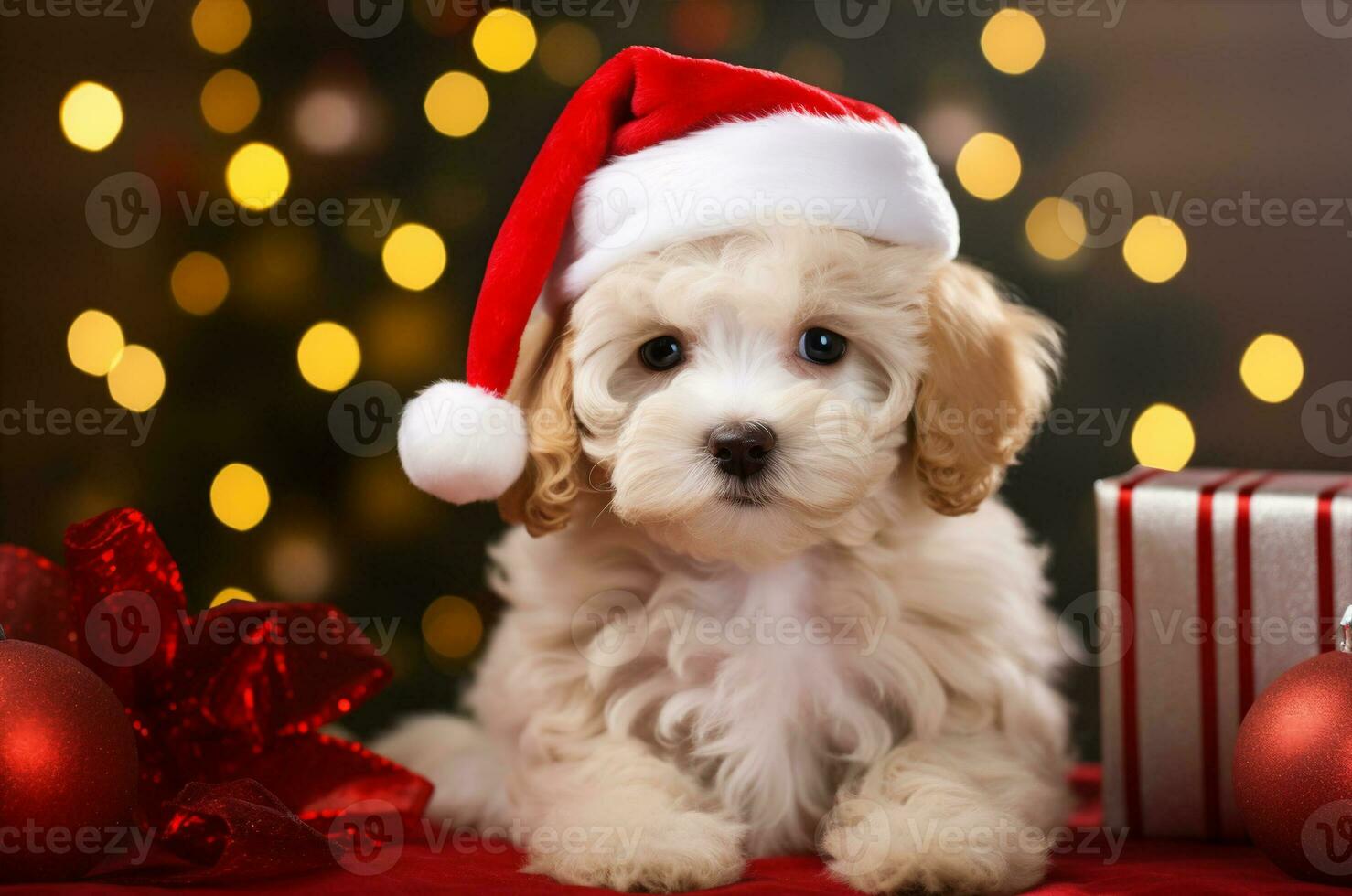 uma branco multipoo cachorro mentiras dentro uma santa chapéu perto vermelho Natal presentes em a fundo do uma Natal árvore. generativo ai foto