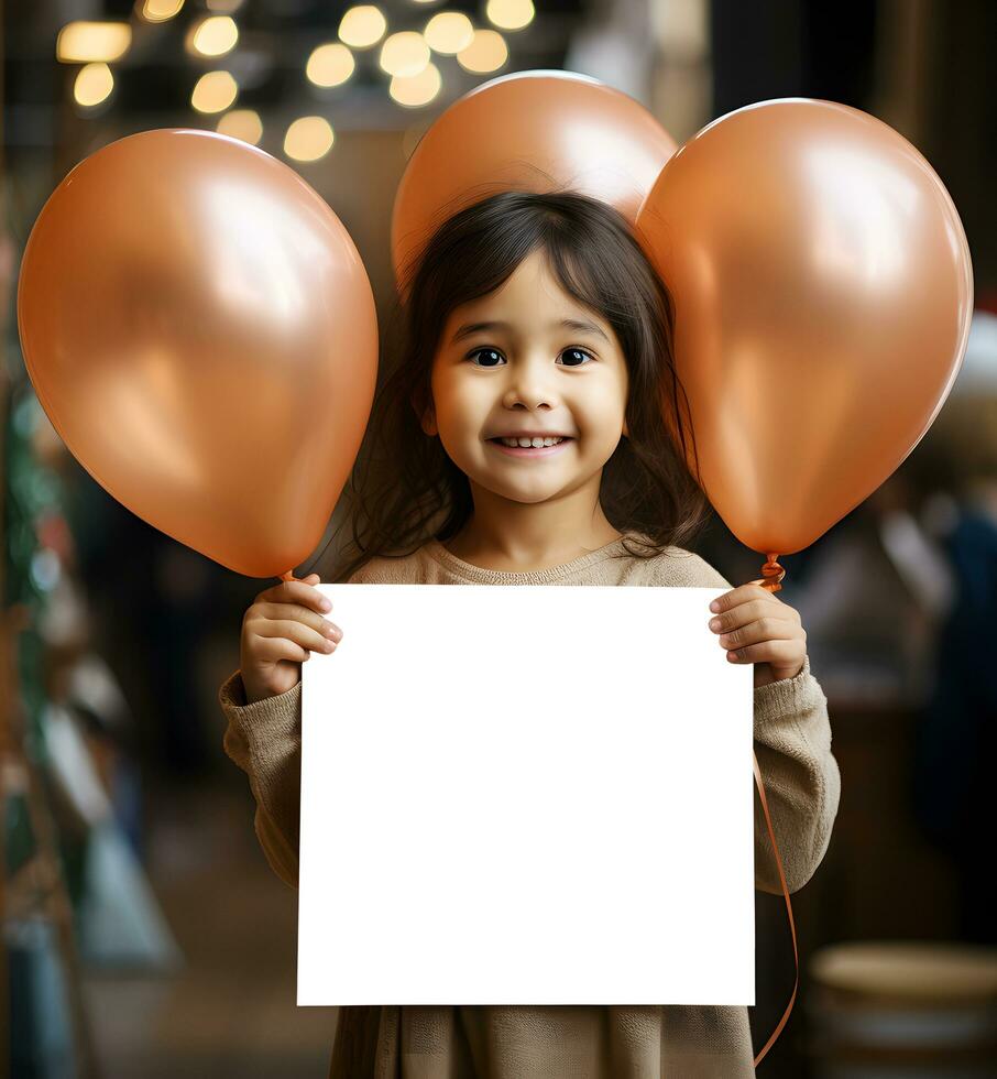 sorridente caucasiano fofa menina criança é segurando branco papel e feliz e engraçado com colorida balões. ai gerado foto