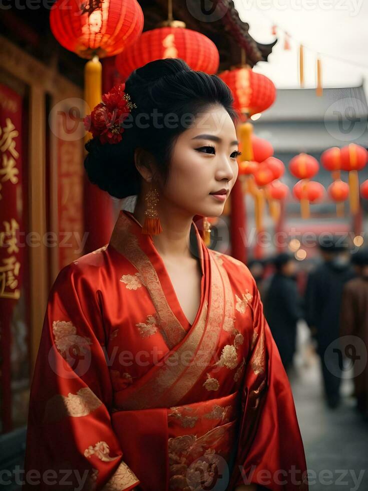 ásia mulher dentro vermelho vestir cheongsam dentro têmpora para chinês Novo ano. foto