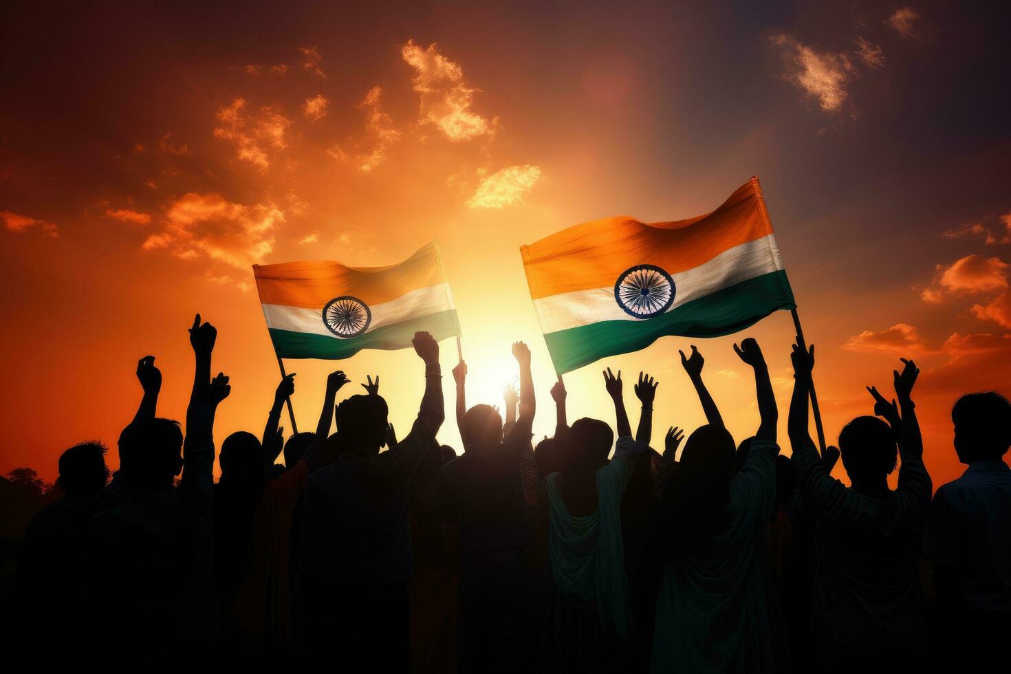 indiano pessoas segurando Índia bandeira aplaudindo dentro a céu com cópia de espaço, silhueta grupo do pessoas acenando indiano bandeiras, ai gerado foto
