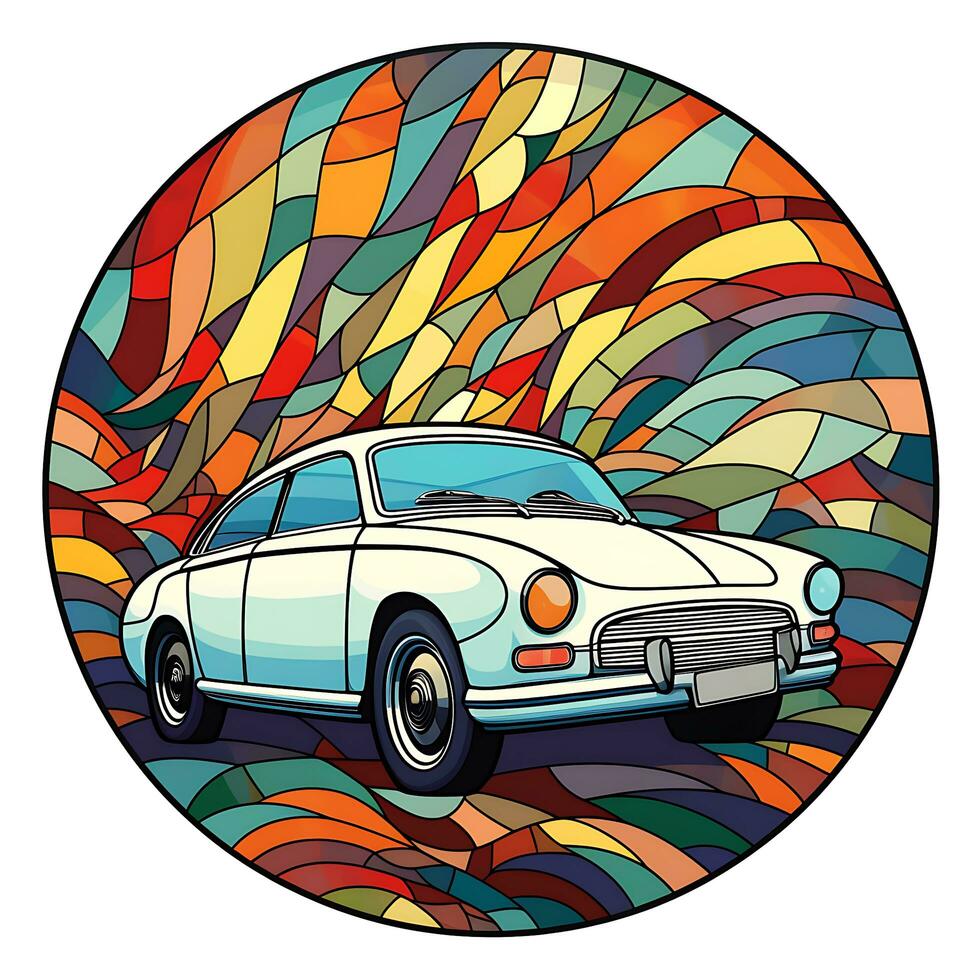 uma Visão do uma carro dentro uma círculo do colorida manchado vidro ilustração Projeto foto