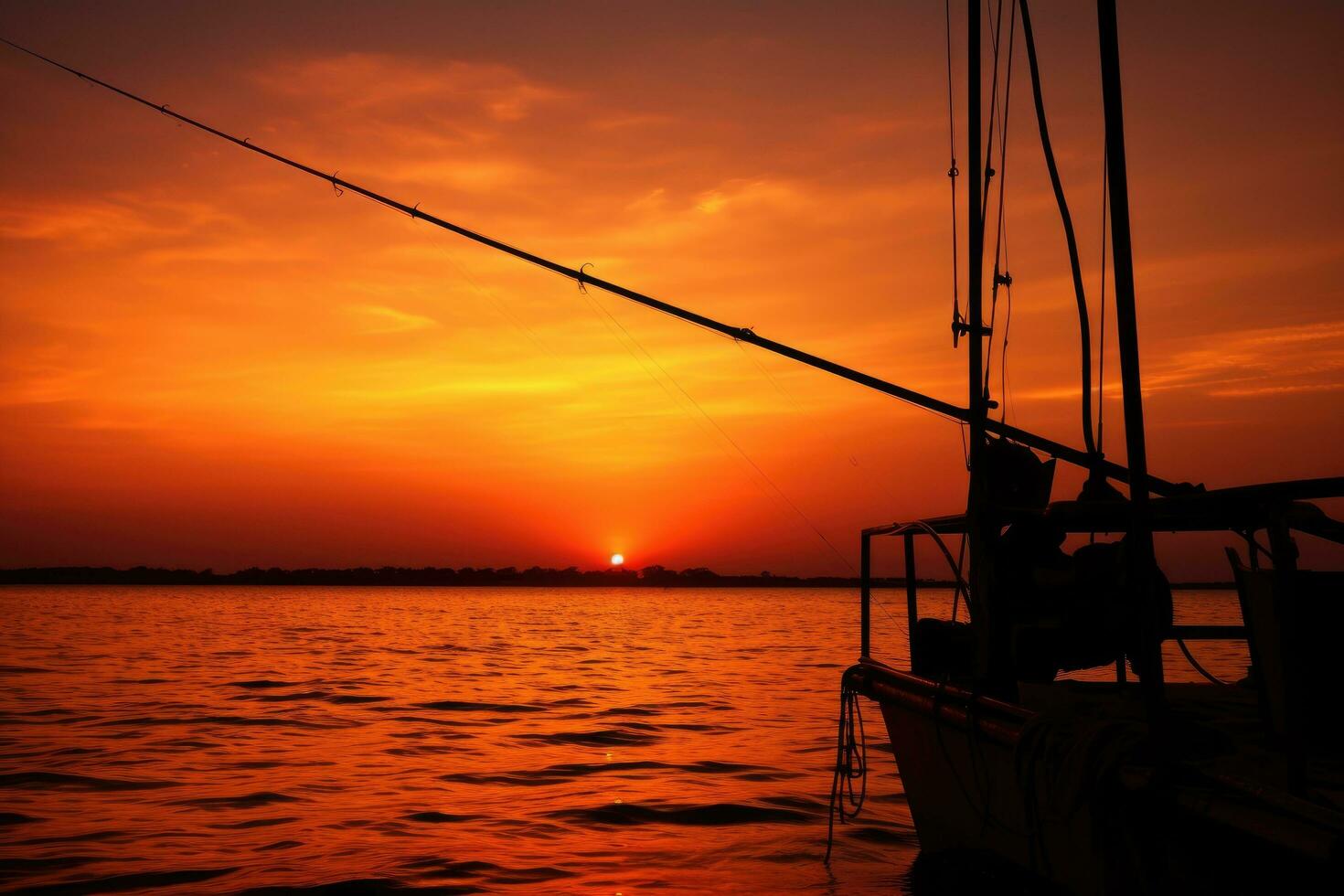 silhueta do pescaria barco em a mar às pôr do sol ou nascer do sol, silhueta do uma baixa aparelhamento pescaria Cajado às pôr do sol, ai gerado foto