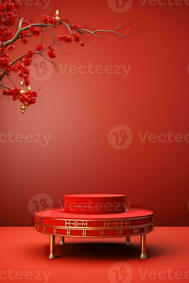 generativo ai, vermelho pódio com lanterna chinês Novo ano e presente caixa produtos ficar de pé pódio fundo pedestal 3d foto