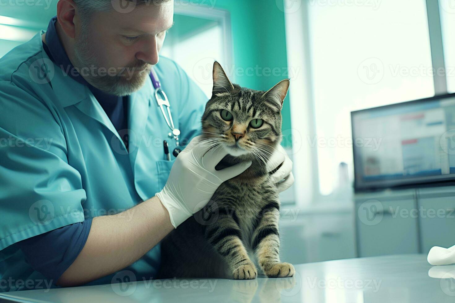 ai gerado masculino veterinário dentro azul uniforme e médico luvas examina malhado listrado gato dentro veterinário clínica Cuidado e amor animais de estimação foto