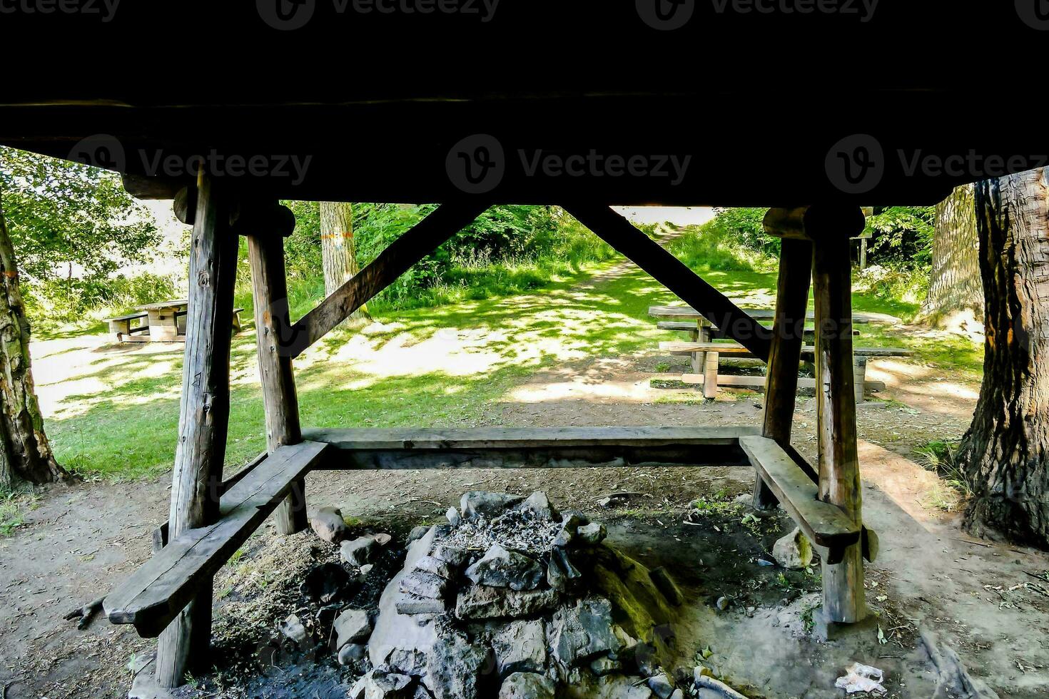 uma de madeira Banco debaixo uma gazebo dentro a madeiras foto