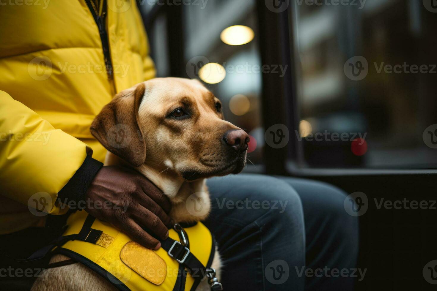 uma guia cachorro ajuda uma cego homem em a rua generativo ai foto