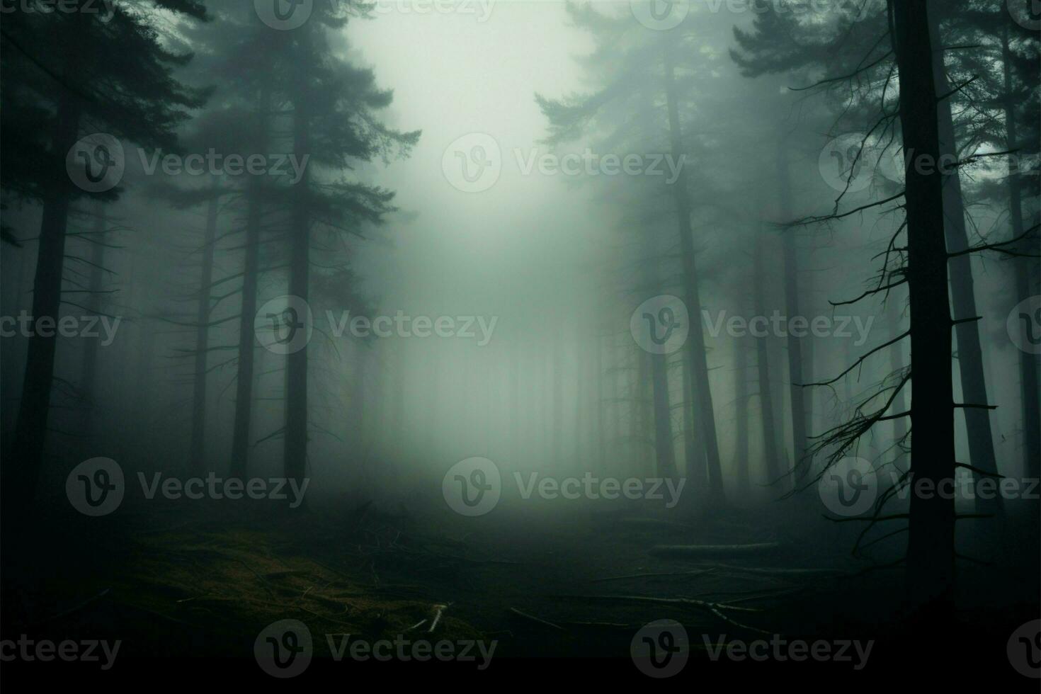 estranho bosque fumaça preenchidas pinho floresta com uma enevoado, 3d atmosfera ai gerado foto