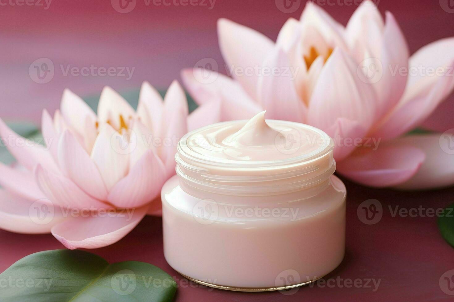 Rosa creme garrafa com beleza produtos lótus flor e folhas em Rosa fundo. natural orgânico pele cuidado.ai gerado foto