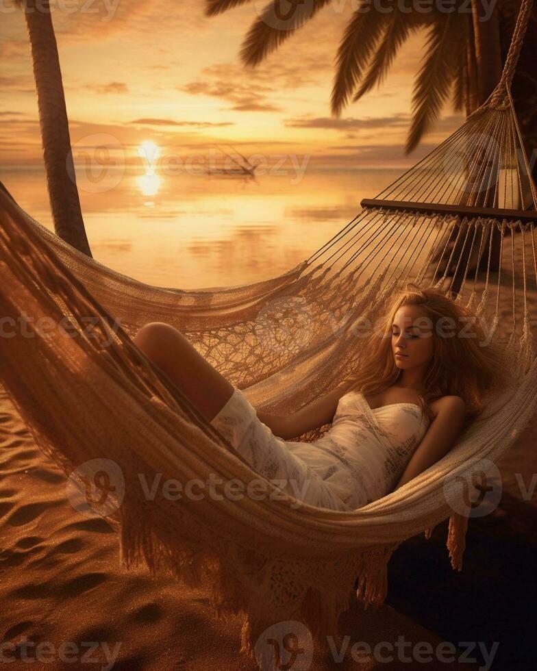 lindo descalço menina dormindo dentro maca às de praia cedo dentro tarde ao ar livre retrato do gracioso pálido mulher relaxante às verão recorrer com pôr do sol em fundo, generativo ai foto