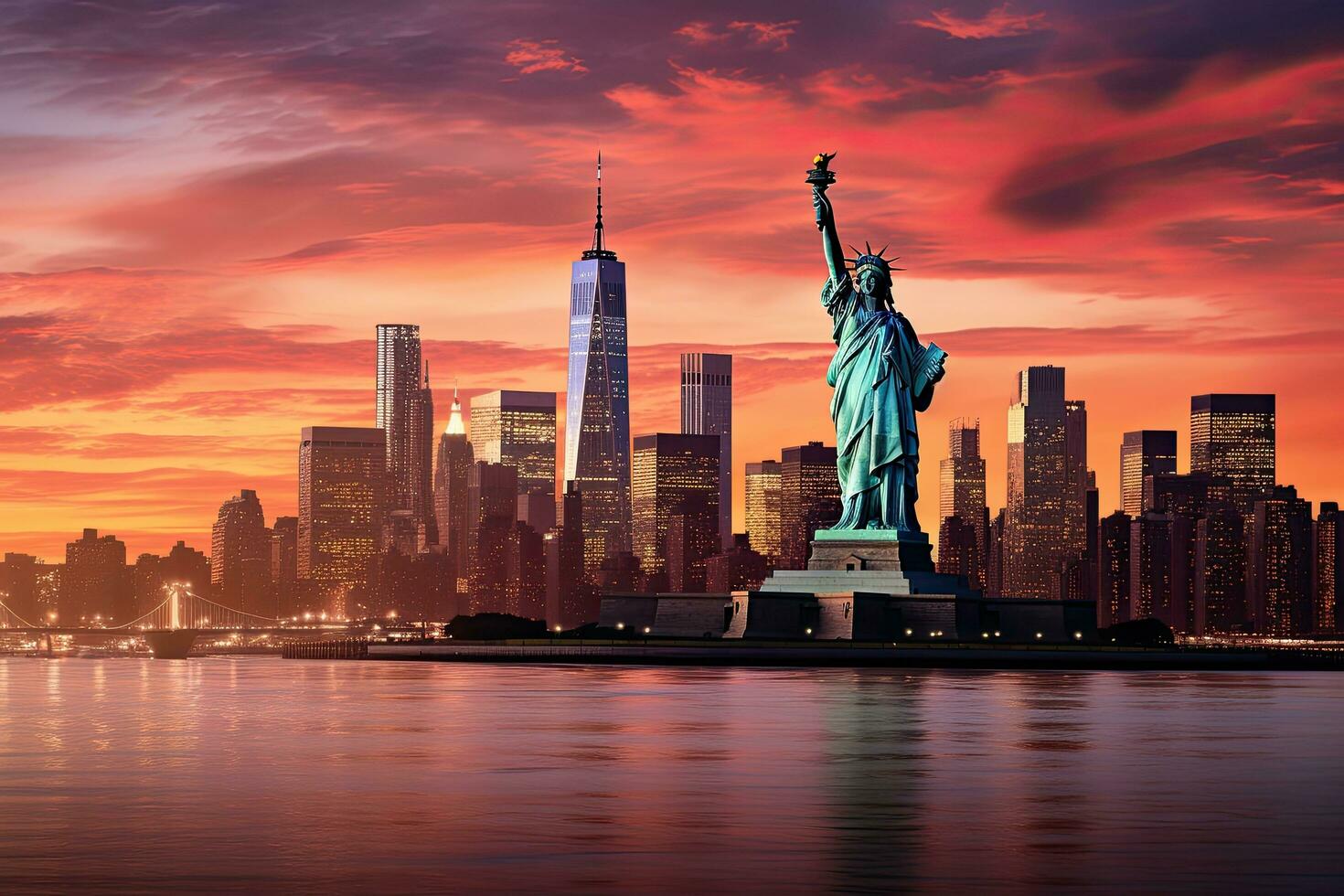 estátua do liberdade e Novo Iorque cidade Horizonte às pôr do sol, EUA, estátua liberdade e Novo Iorque cidade Horizonte às pôr do sol, ai gerado foto