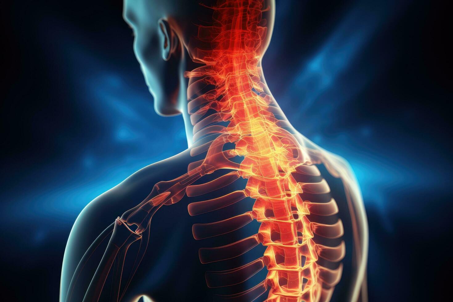 3d ilustração do humano esqueleto anatomia - costas dor em azul fundo, coluna vertebral prejuízo dor dentro sacral e cervical região conceito 3d renderizar, ai gerado foto