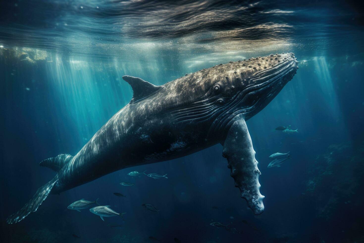 corcunda baleia natação embaixo da agua dentro profundo azul oceano. científico nome esperma baleia, esperma baleia natação embaixo da agua, ai gerado foto