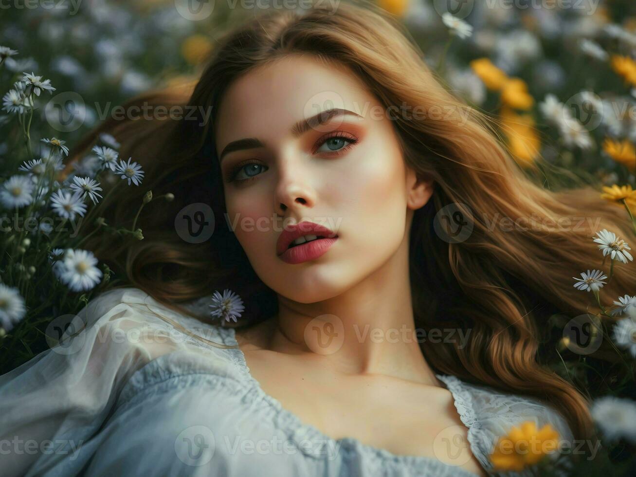 ai generativo retrato do linda sensual atraente morena caucasiano fêmea modelo sorridente dentro flor campo, moda e beleza conceito, pessoas fundo foto