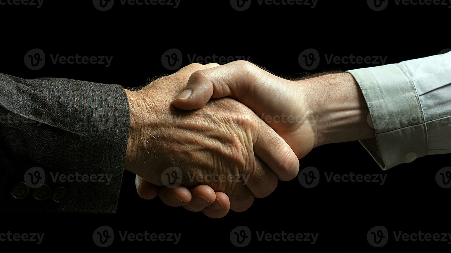 foto fechar acima do mão durante mão tremendo. velho povos mãos e jovem povos mão durante mão tremendo. isolado em Preto fundo. generativo ai