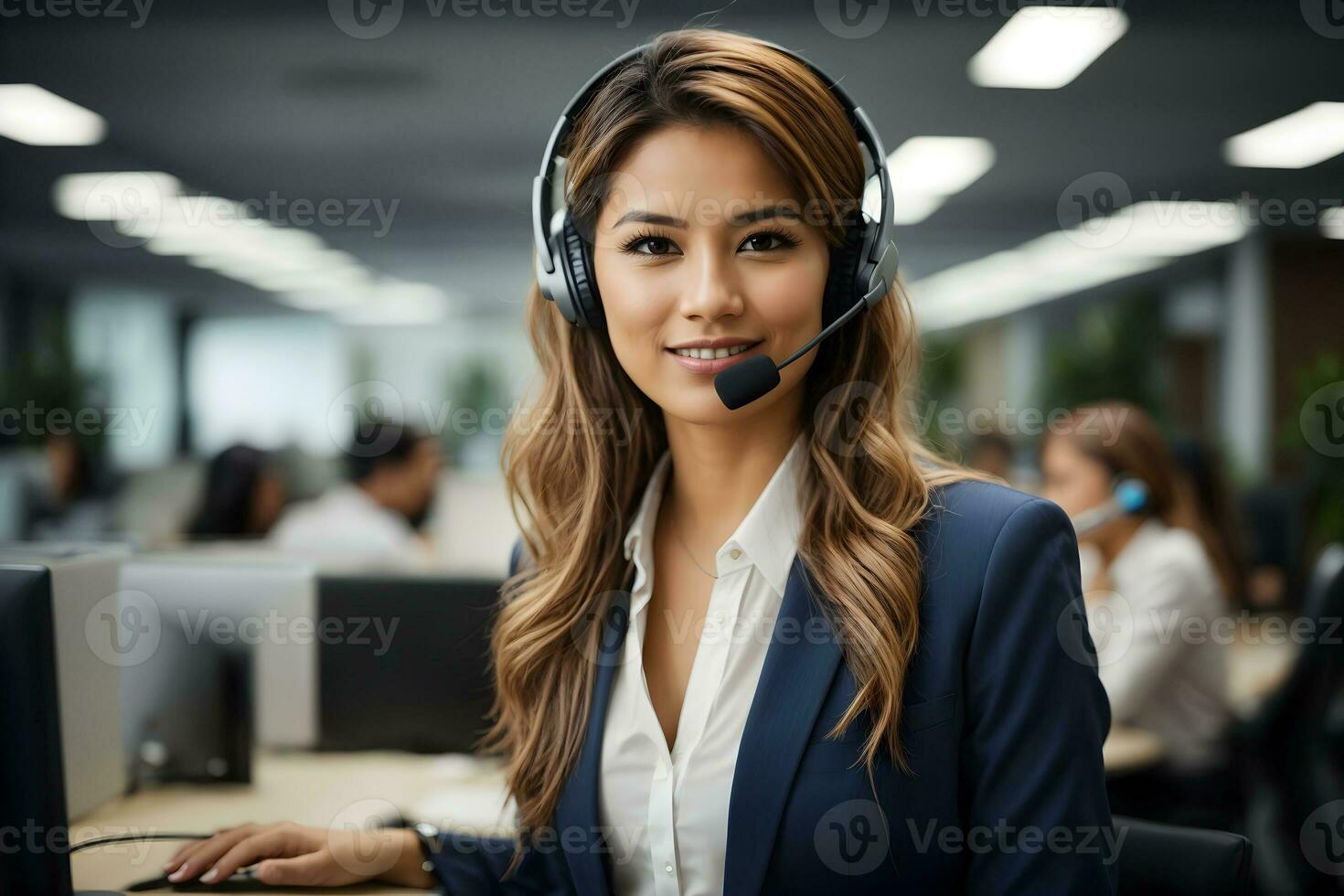 foto lindo sorridente ligar Centro trabalhador dentro fones de ouvido é trabalhando às moderno escritório. ai gerado