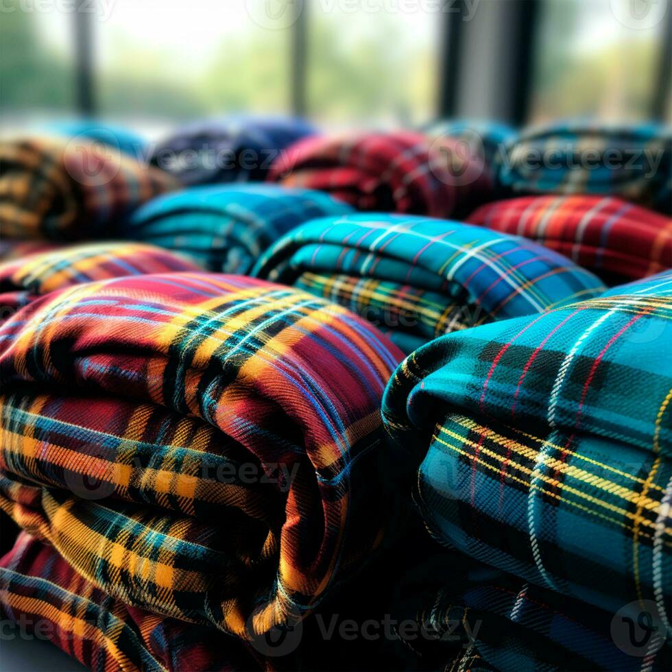 textura do enrugada, amassado tartan tecido fechar-se, tradicional escocês roupas - ai gerado imagem foto