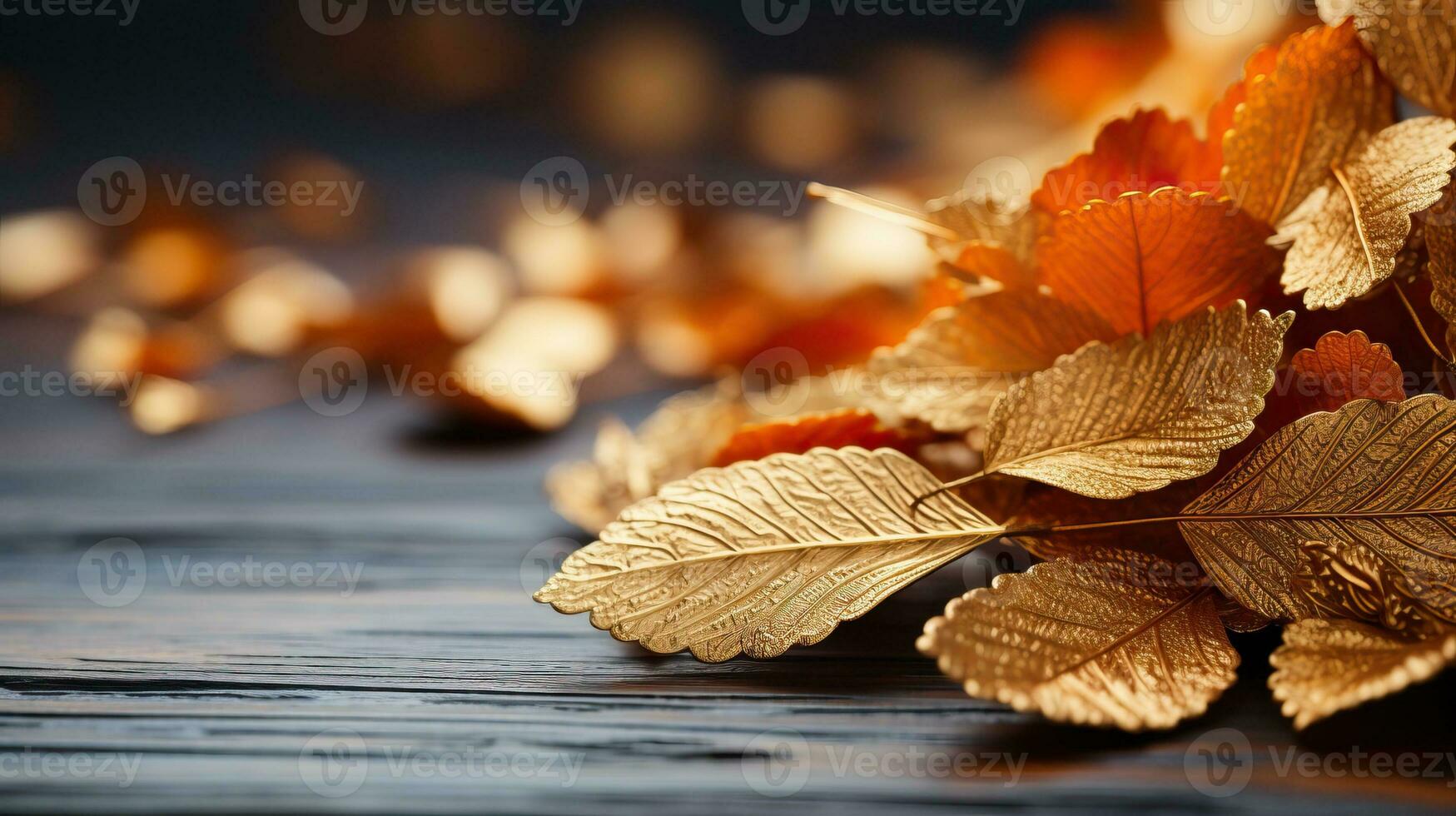 dourado outono folhas em Sombrio de madeira superfície. ai gerado. foto