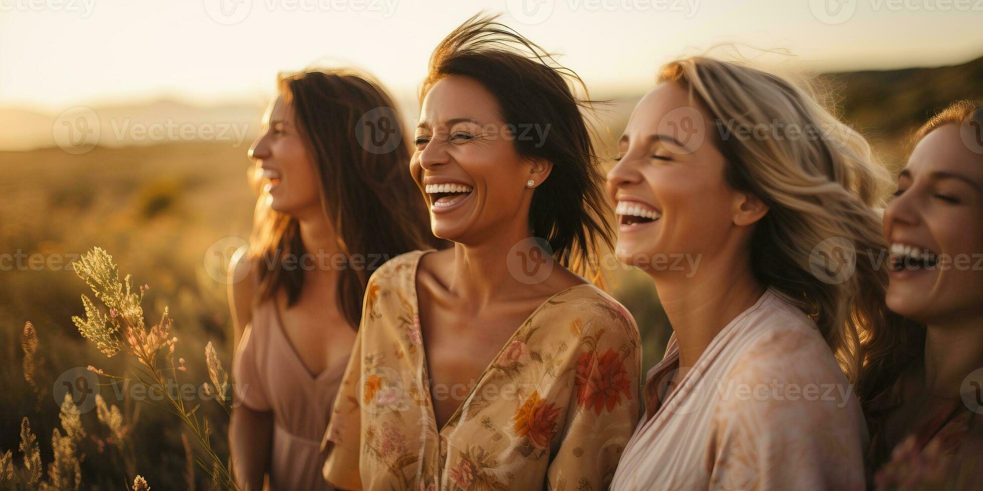 quatro mulheres em pé dentro uma campo às pôr do sol. ai gerado. foto