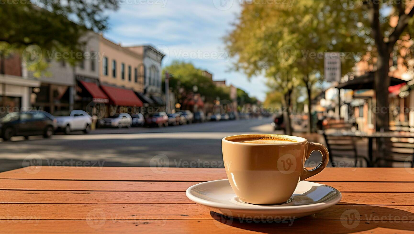 copo do café em de madeira mesa com borrado rua fundo. ai gerado. foto