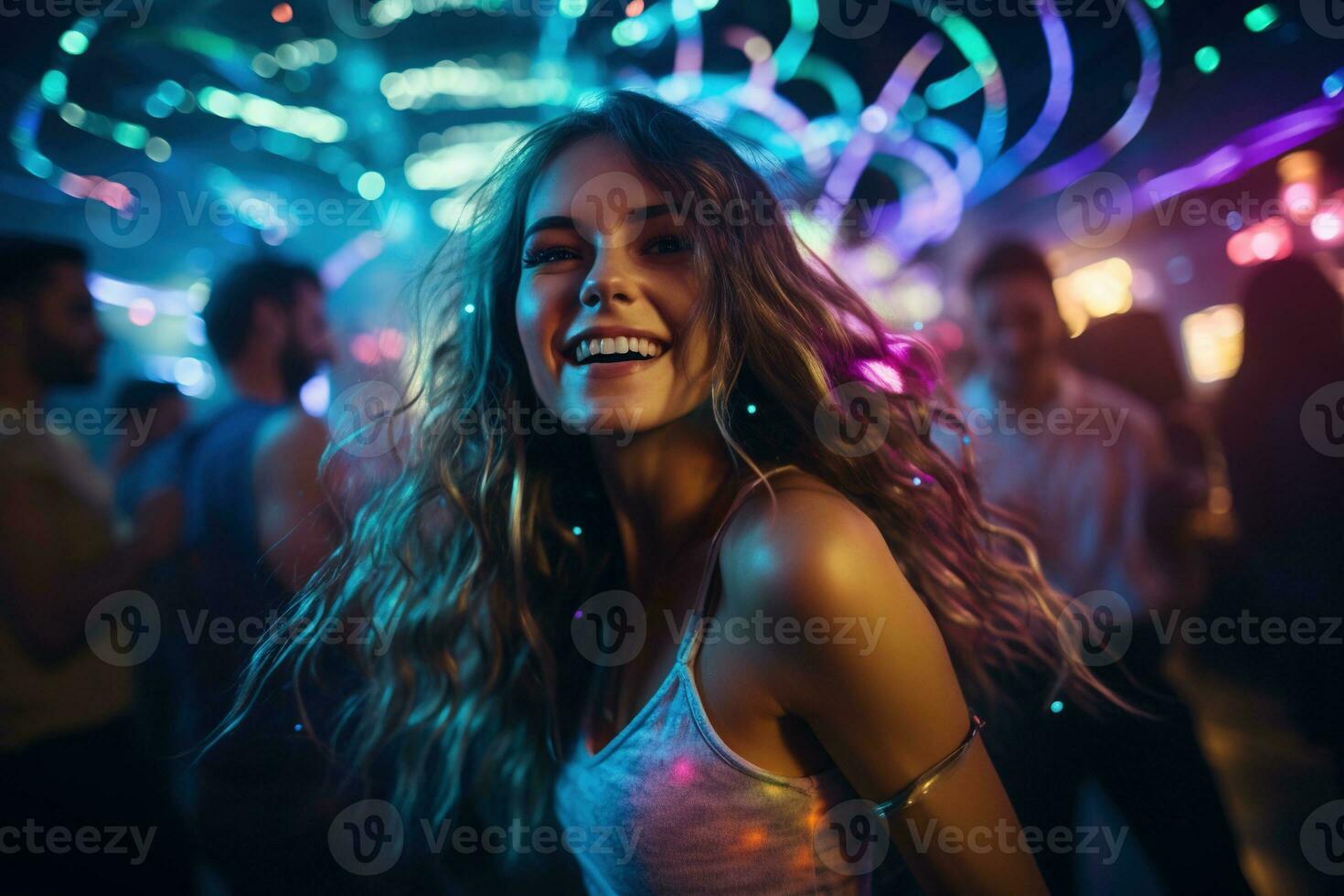 retrato do jovem lindo mulher dançando dentro noite clube com luzes. ai gerado foto